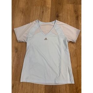 Y2K Adidas Mesh Panel V-Neck Activewear Top Womens M Light Blue Short Sleeve